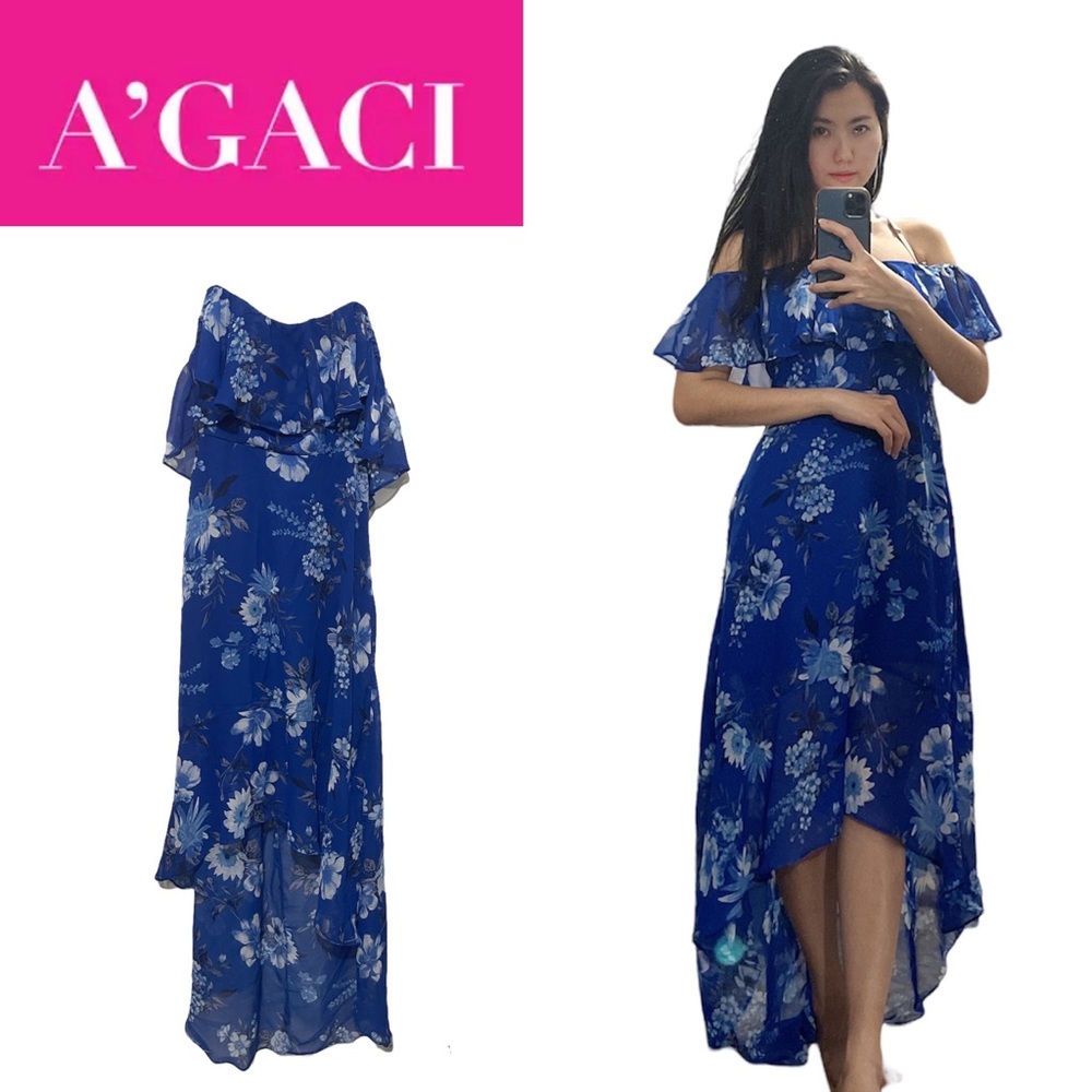 A'GACI Blue Floral Off-Shoulder High-Low Dress